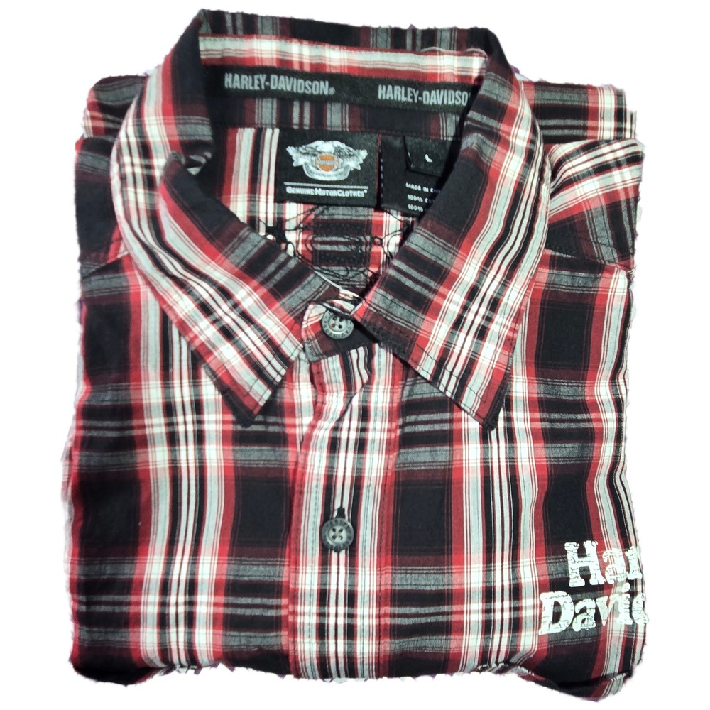 Harley-Davidson Mens Plaid Short Sleeve Button Up Shirt Skull Wing Graphic Red L